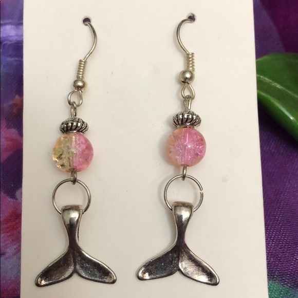 Hand Crafted Jewelry - Mermaid Tail Dangle Earrings Pink & Silver Beads